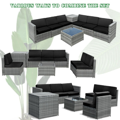 8 Piece Wicker Sofa Rattan Dinning Set Patio Furniture with Storage Table-Black