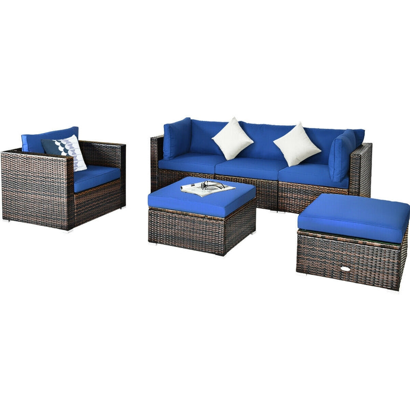 6 Pieces Patio Rattan Furniture Set with Sectional Cushion-Blue