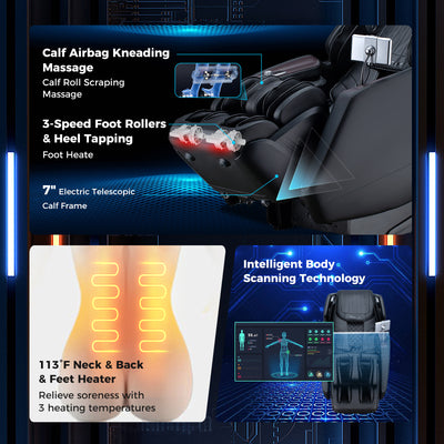 PREORDER - Mega Sale-Costway-4D SL-Track Full Body Massage Chair w/ Zero-Gravity Design, Heated Shawl, Neck & Back & Feet Heater, Calf & Foot Rollers,Magic Calf Rollers, Voice Control, Yoga Stretching, Smart Body Scanning, Touch Screen, Blue-tooth Speaker