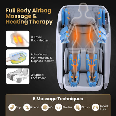 Costway-4D Flexible Track Massage Chair, Full Body Zero Gravity Massage Recliner w/ Airbags, Waist Heater, Foot Rollers, Voice Control, Memory Function, Electric Calf Frame, Auto Body Scan, Wireless Charging Station, Bluetooth Speaker, Thai Stretching