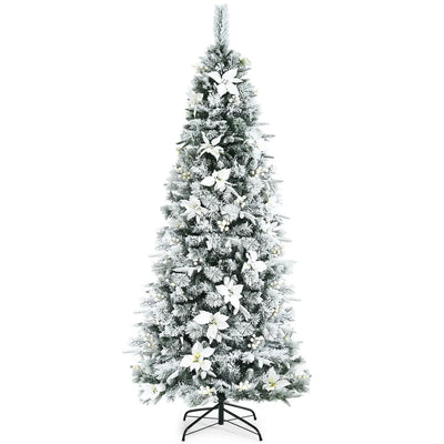 Black Friday- Costway 7 foot Feet Snow Flocked Christmas Tree with Berries and Poinsettia Flowers CM23502