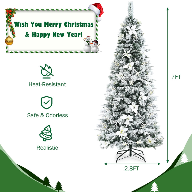 Black Friday- Costway 7 foot Feet Snow Flocked Christmas Tree with Berries and Poinsettia Flowers CM23502