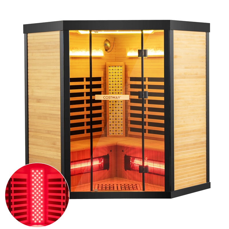 New-COSTWAY Premium Infrared Hemlock Sauna 3-5 People, Full Spectrum Red Light Near Far Infrared Indoor w/ Heating Panels & Red Light Therapy Panel, 7-Color Therapy Light- Salt Bar-Fully Loaded