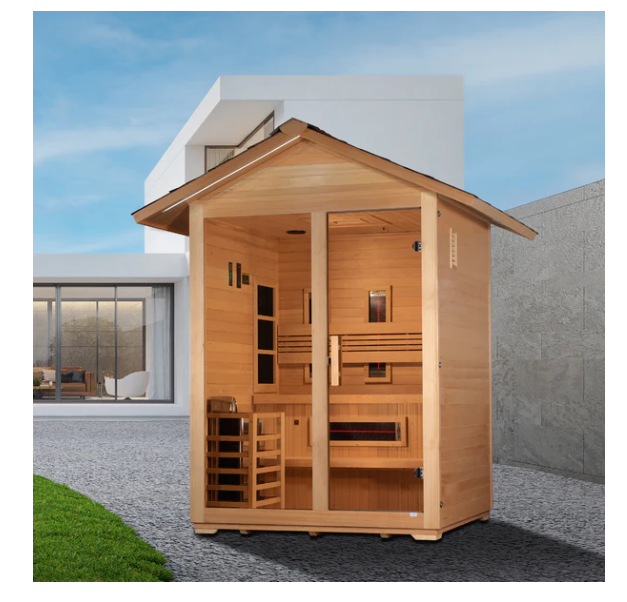 PREORDER APRIL 2025 *GDI -"Carinthia" 3 Person Hybrid Outdoor Sauna (PureTech™ Full Spectrum IR or Traditional Stove) - Canadian Hemlock GDI-8123-01