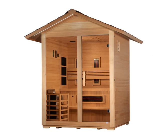 PREORDER APRIL 2025 *GDI -"Carinthia" 3 Person Hybrid Outdoor Sauna (PureTech™ Full Spectrum IR or Traditional Stove) - Canadian Hemlock GDI-8123-01