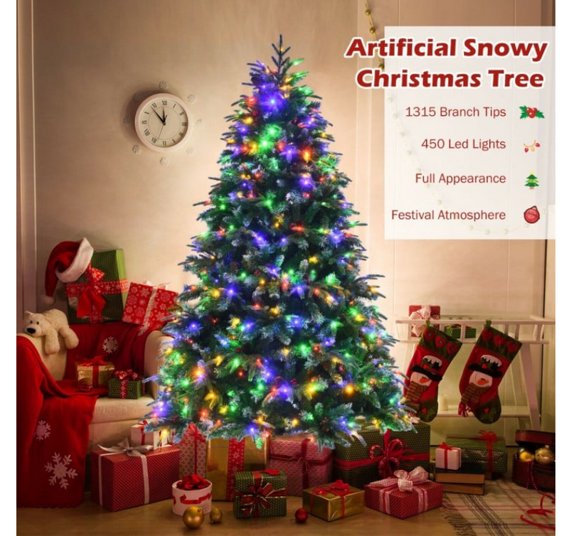 Pre-Lit Snowy Christmas Hinged Tree with Multi-Color Lights- 7 feet or 9 feet