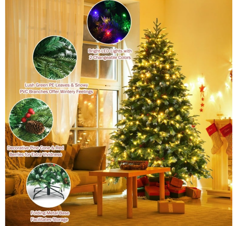 Pre-Lit Snowy Christmas Hinged Tree with Multi-Color Lights- 7 feet or 9 feet