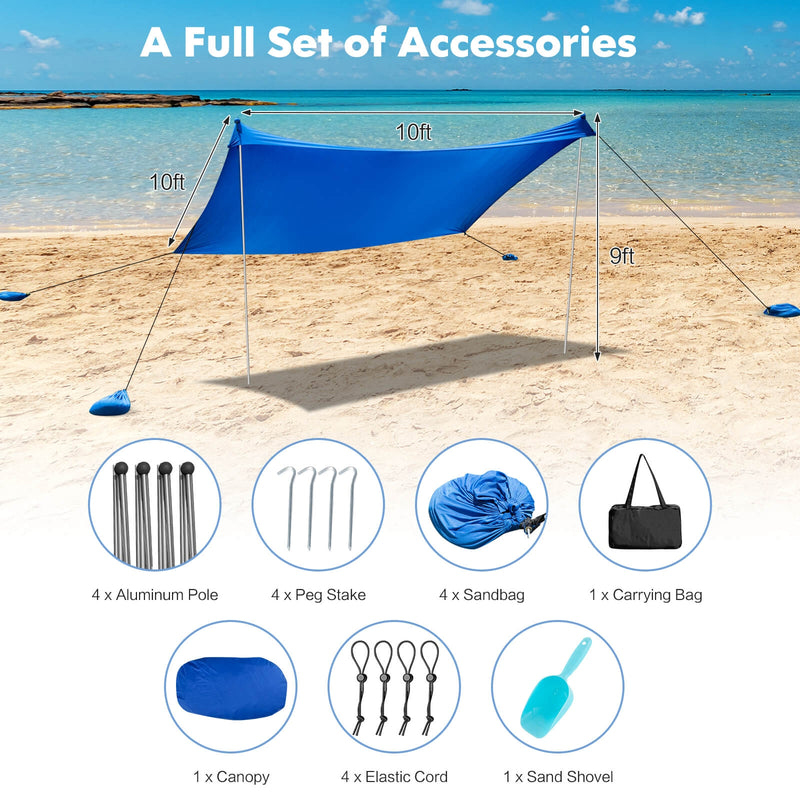 10 Foot Ride 9 Foot Family Beach Tent Canopy Sunshade with 4 Poles-Blue