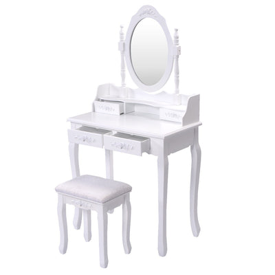 Wood Vanity Table Set with Oval Mirror and 4 Drawers for Kids Girls Women-White