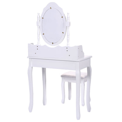 Wood Vanity Table Set with Oval Mirror and 4 Drawers for Kids Girls Women-White