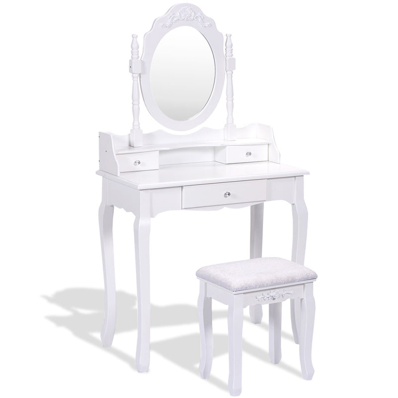 Vanity Table Set with Cushioned Stool with 360° Rotating Oval Mirror and Three Drawers-White