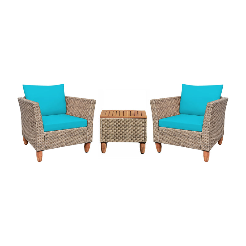 3 Pieces Patio Rattan Furniture Set with Washable Cushion for Yard Porch-Turquoise