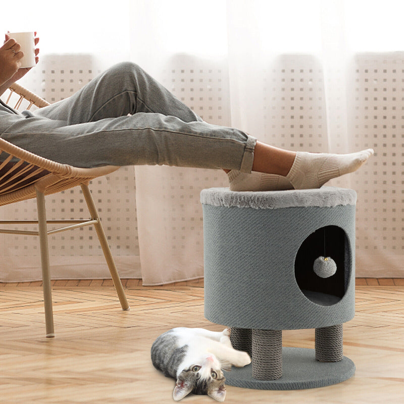 3-in-1 Cat Condo Stool Kitty Bed with Scratching Posts and Plush Ball Toy-Gray