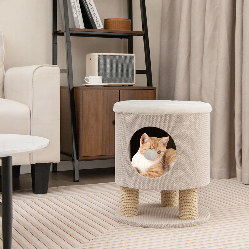 3-in-1 Cat Condo Stool Kitty Bed with Scratching Posts and Plush Ball Toy-Beige