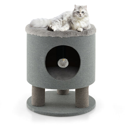 3-in-1 Cat Condo Stool Kitty Bed with Scratching Posts and Plush Ball Toy-Gray