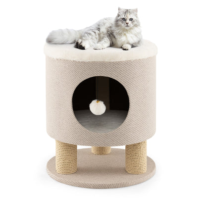 3-in-1 Cat Condo Stool Kitty Bed with Scratching Posts and Plush Ball Toy-Beige