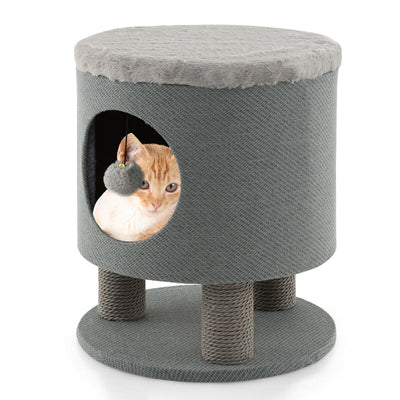 3-in-1 Cat Condo Stool Kitty Bed with Scratching Posts and Plush Ball Toy-Gray