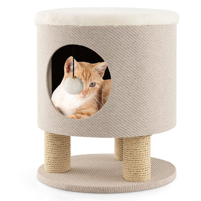 3-in-1 Cat Condo Stool Kitty Bed with Scratching Posts and Plush Ball Toy-Beige