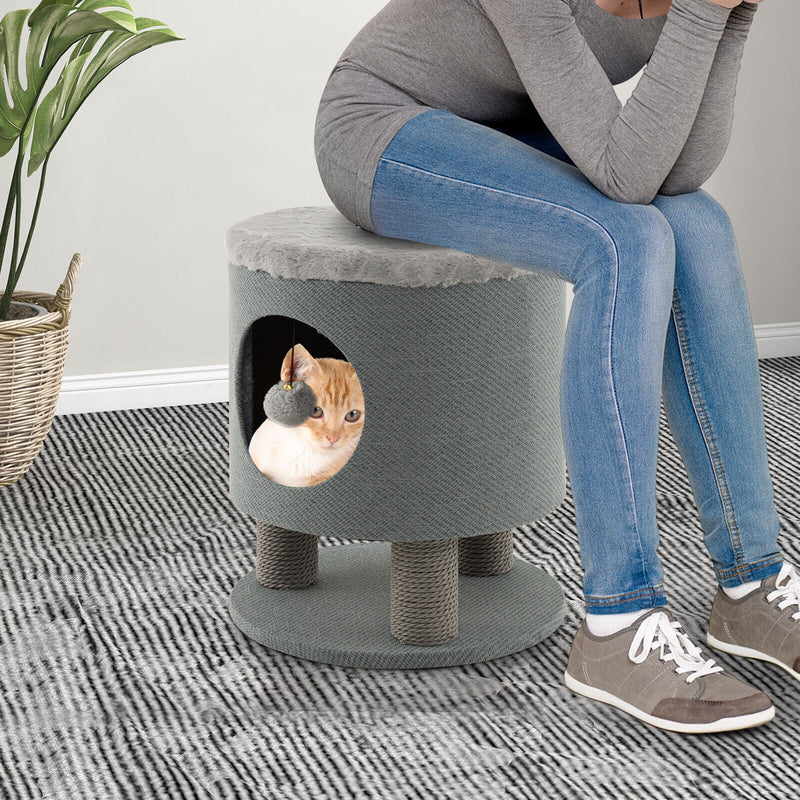 3-in-1 Cat Condo Stool Kitty Bed with Scratching Posts and Plush Ball Toy-Gray