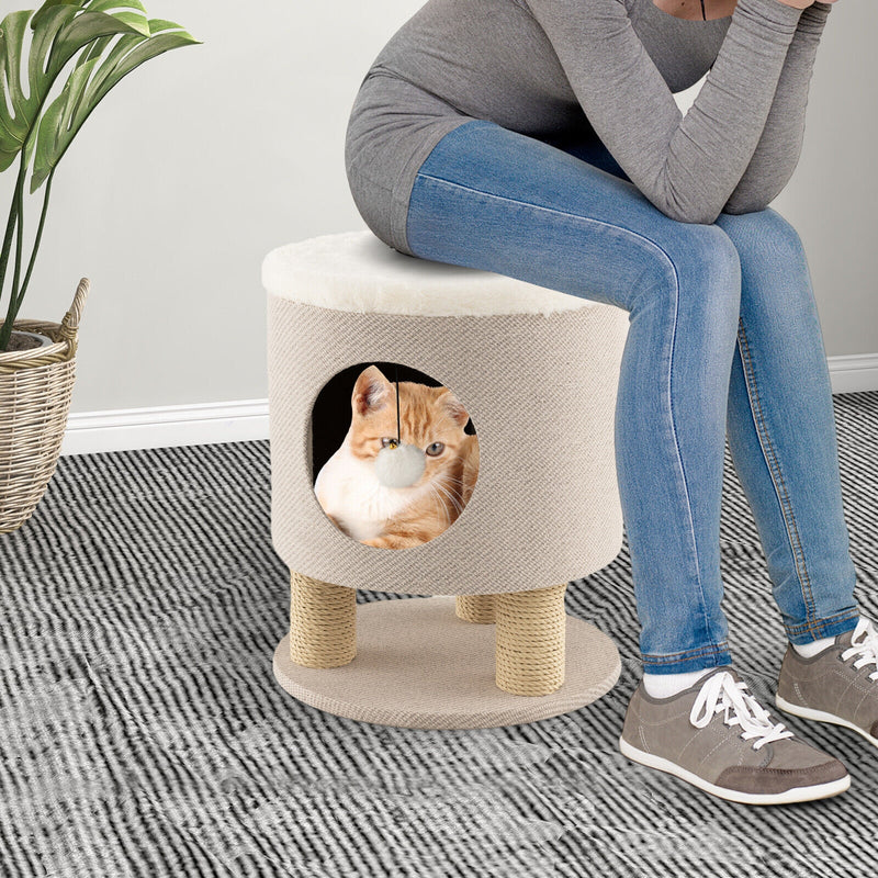 3-in-1 Cat Condo Stool Kitty Bed with Scratching Posts and Plush Ball Toy-Beige