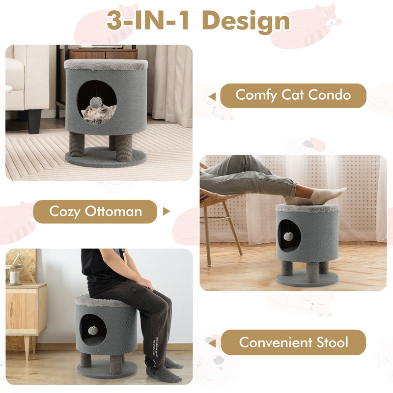 3-in-1 Cat Condo Stool Kitty Bed with Scratching Posts and Plush Ball Toy-Gray