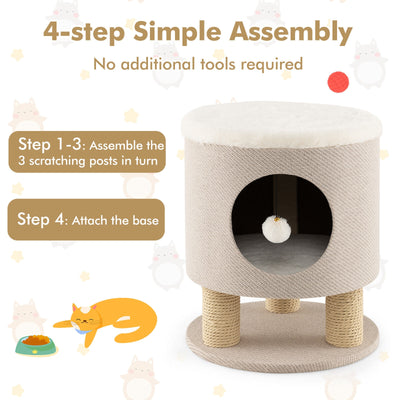 3-in-1 Cat Condo Stool Kitty Bed with Scratching Posts and Plush Ball Toy-Beige