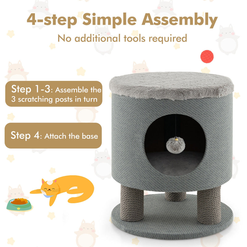 3-in-1 Cat Condo Stool Kitty Bed with Scratching Posts and Plush Ball Toy-Gray