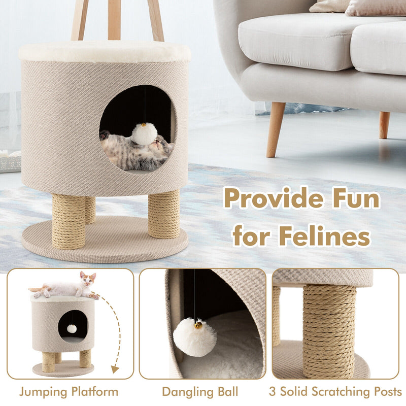 3-in-1 Cat Condo Stool Kitty Bed with Scratching Posts and Plush Ball Toy-Beige