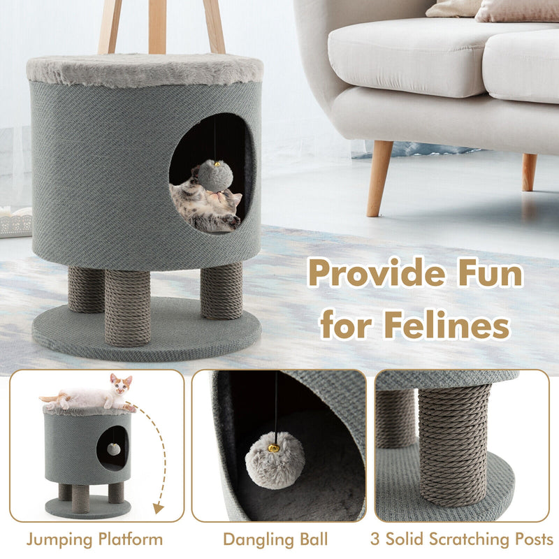 3-in-1 Cat Condo Stool Kitty Bed with Scratching Posts and Plush Ball Toy-Gray