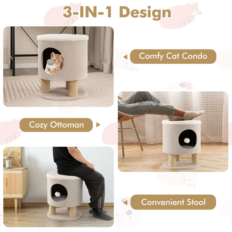 3-in-1 Cat Condo Stool Kitty Bed with Scratching Posts and Plush Ball Toy-Beige