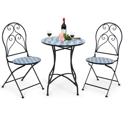 2 Pieces Patio Folding Mosaic Bistro Chairs with Blue Floral Pattern