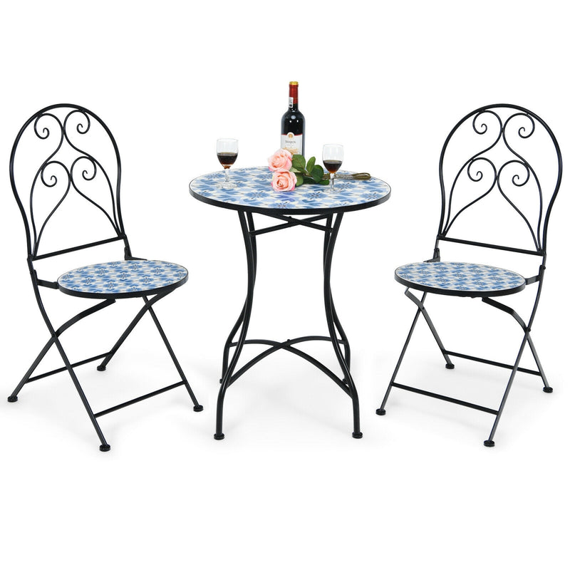 2 Pieces Patio Folding Mosaic Bistro Chairs with Blue Floral Pattern