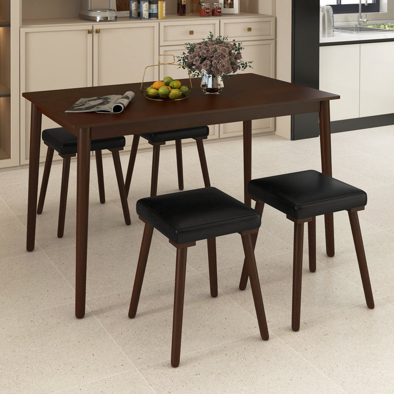 5 Piece Dining Table Set for 4 with 4 Upholstered Stools and Rubber Wood Legs-Brown