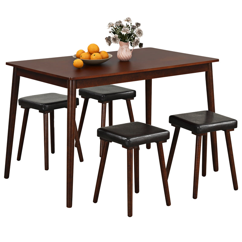 5 Piece Dining Table Set for 4 with 4 Upholstered Stools and Rubber Wood Legs-Brown