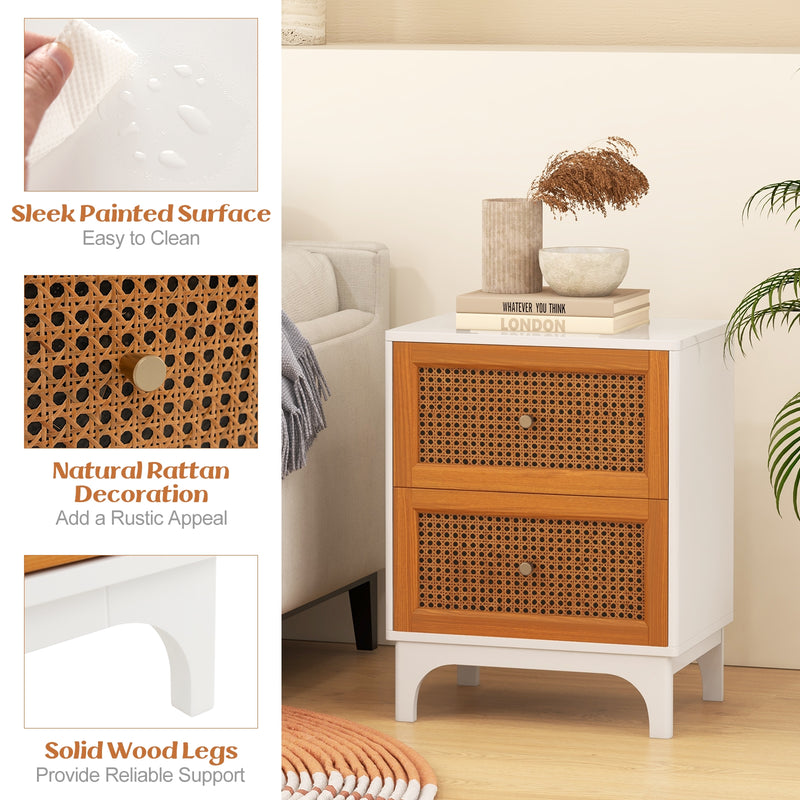 Boho Accent Table Nightstand with 2 Handwoven Rattan Decorated Drawers-White