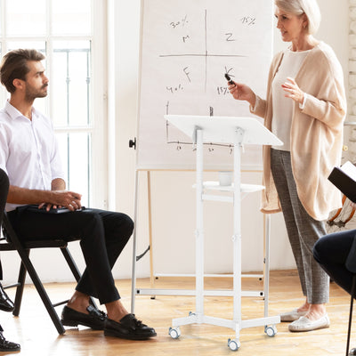 Mobile Lectern Podium Height-adjustable Rolling Laptop Cart with Tilting Top Storage Tray-White