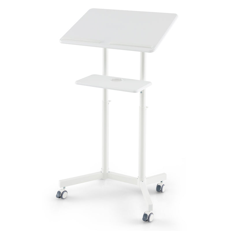 Mobile Lectern Podium Height-adjustable Rolling Laptop Cart with Tilting Top Storage Tray-White