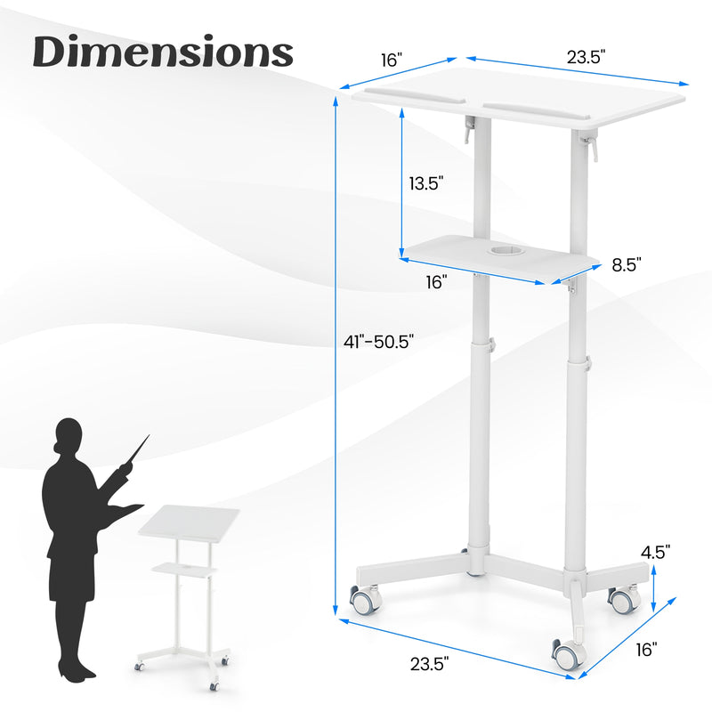 Mobile Lectern Podium Height-adjustable Rolling Laptop Cart with Tilting Top Storage Tray-White