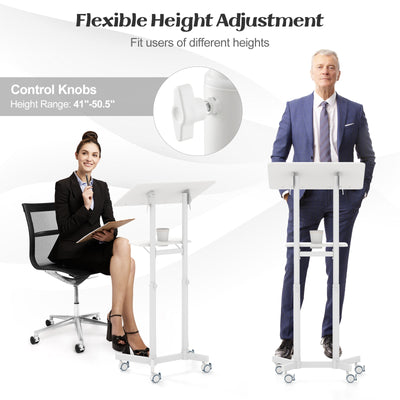 Mobile Lectern Podium Height-adjustable Rolling Laptop Cart with Tilting Top Storage Tray-White