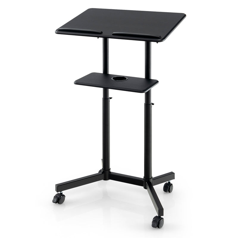 Mobile Lectern Podium Height-adjustable Rolling Laptop Cart with Tilting Top Storage Tray-Black