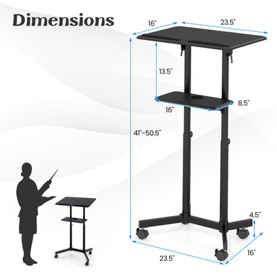 Mobile Lectern Podium Height-adjustable Rolling Laptop Cart with Tilting Top Storage Tray-Black