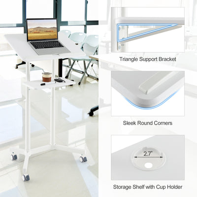 Mobile Lectern Podium Height-adjustable Rolling Laptop Cart with Tilting Top Storage Tray-White