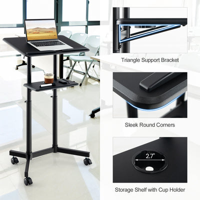 Mobile Lectern Podium Height-adjustable Rolling Laptop Cart with Tilting Top Storage Tray-Black