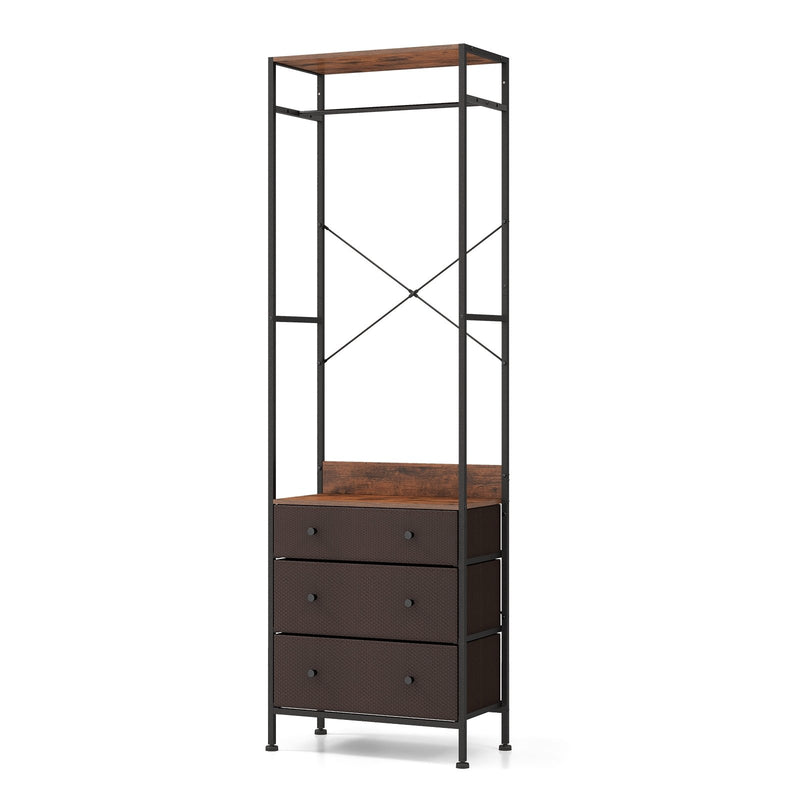 Freestanding Closet Organizer with 3-position Hanging Rod and Storage Shelves-Brown