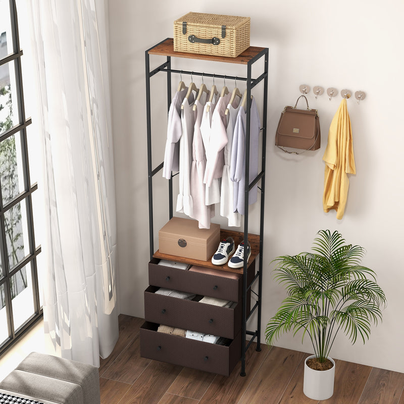 Freestanding Closet Organizer with 3-position Hanging Rod and Storage Shelves-Brown