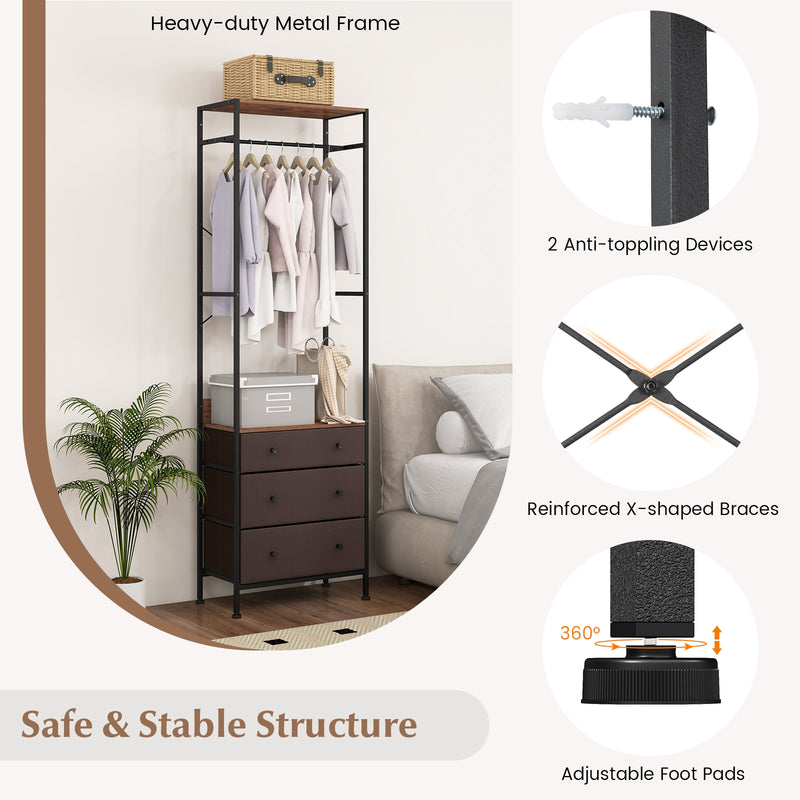 Freestanding Closet Organizer with 3-position Hanging Rod and Storage Shelves-Brown