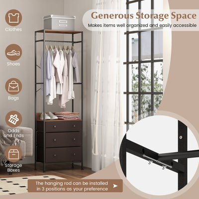 Freestanding Closet Organizer with 3-position Hanging Rod and Storage Shelves-Brown