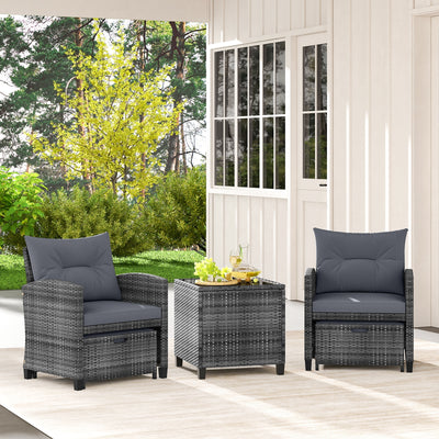 5 Piece Patio Rattan Furniture with 2 Ottomans and Tempered Glass Coffee Table-Gray