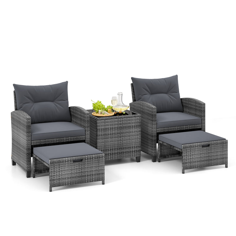 5 Piece Patio Rattan Furniture with 2 Ottomans and Tempered Glass Coffee Table-Gray