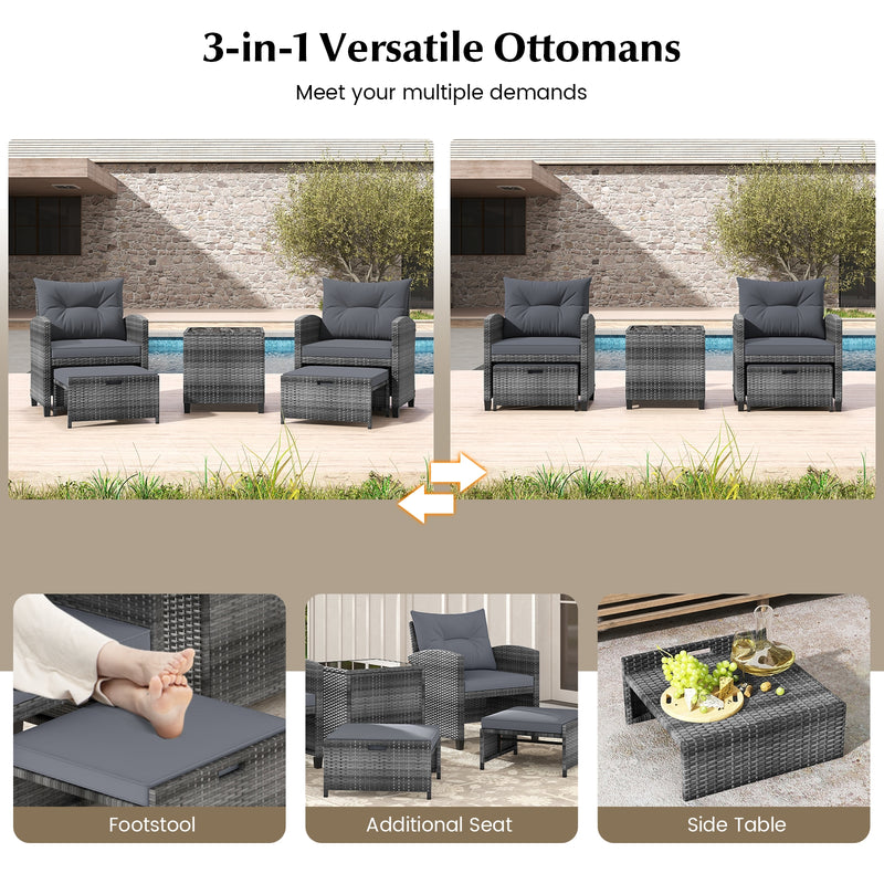 5 Piece Patio Rattan Furniture with 2 Ottomans and Tempered Glass Coffee Table-Gray